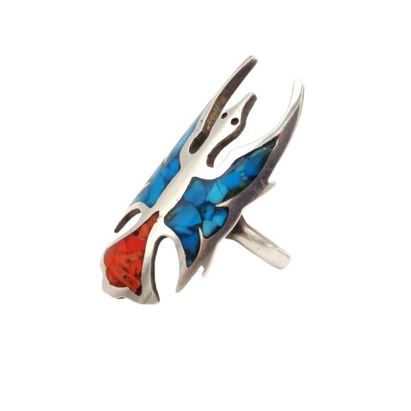 Vintage Navajo Sterling Silver Native American Peyote Bird Coral Turquoise Ring - Picture 3 of 11